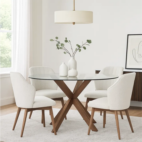 Broklyn Glass Top & Wooden Base Round Dining Table - 120cm