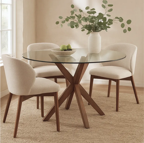 Broklyn Glass Top & Wooden Base Round Dining Table - 120cm
