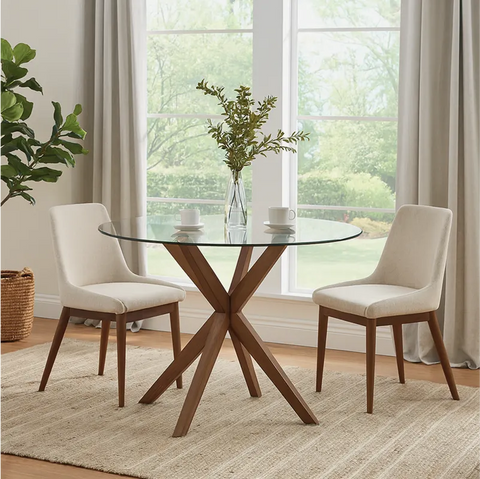 Broklyn Glass Top & Wooden Base Round Dining Table - 120cm