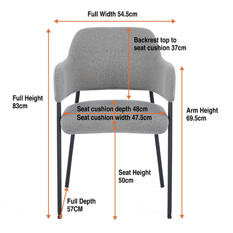 Candice Set of 2 Grey Dining Chairs with Black Metal Frame
