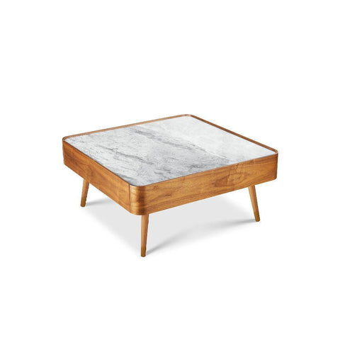 Cedar White Marble-Top Square Coffee Table with Brown Wood Legs