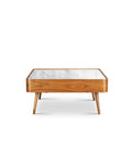 Cedar White Marble-Top Square Coffee Table with Brown Wood Legs
