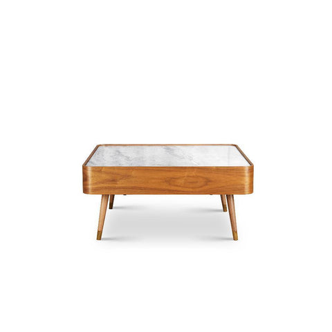 Cedar White Marble-Top Square Coffee Table with Brown Wood Legs