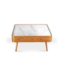 Cedar White Marble-Top Square Coffee Table with Brown Wood Legs
