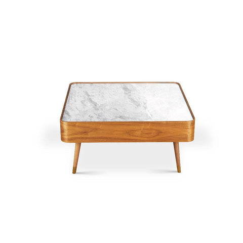 Cedar White Marble-Top Square Coffee Table with Brown Wood Legs