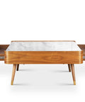 Cedar White Marble-Top Square Coffee Table with Brown Wood Legs