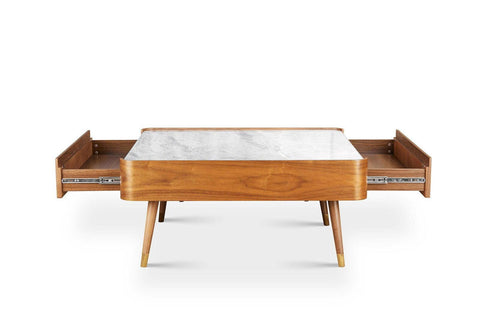 Cedar White Marble-Top Square Coffee Table with Brown Wood Legs