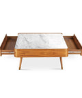 Cedar White Marble-Top Square Coffee Table with Brown Wood Legs