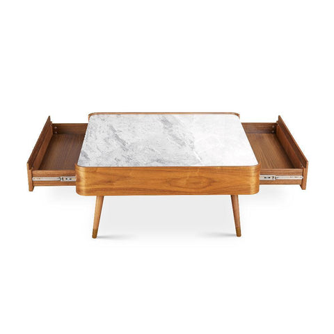 Cedar White Marble-Top Square Coffee Table with Brown Wood Legs