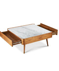 Cedar White Marble-Top Square Coffee Table with Brown Wood Legs