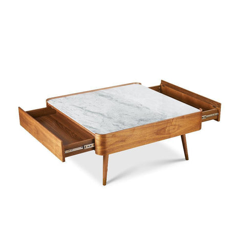 Cedar White Marble-Top Square Coffee Table with Brown Wood Legs