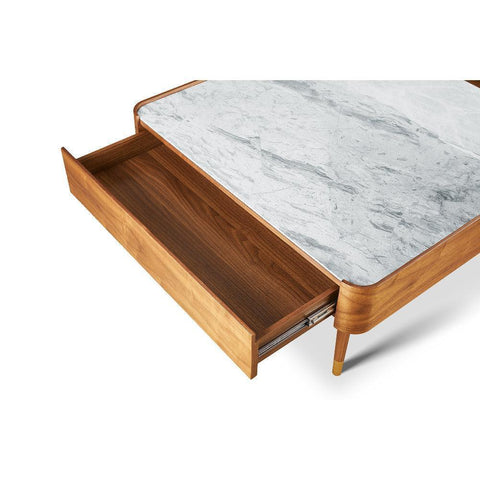 Cedar White Marble-Top Square Coffee Table with Brown Wood Legs