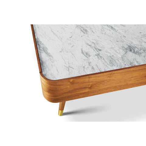 Cedar White Marble-Top Square Coffee Table with Brown Wood Legs