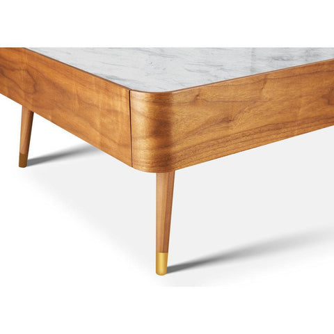 Cedar White Marble-Top Square Coffee Table with Brown Wood Legs