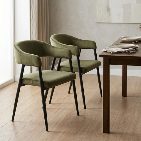 Chelsea Set of 2 Black Metal Frame and Olive Green Velvet Dining Chairs