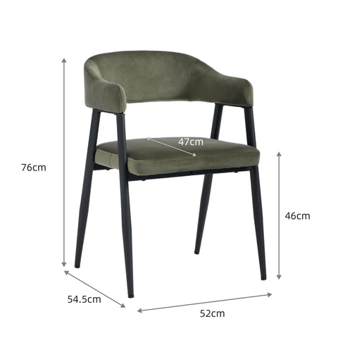 Chelsea Set of 2 Olive Green Velvet Dining Chairs with Black Metal Frame