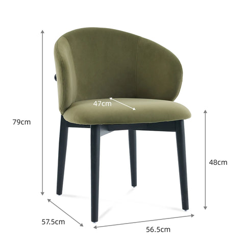 Clifton Dining Chair, Black Ash Solid Wood | Olive Green Velvet Fabric