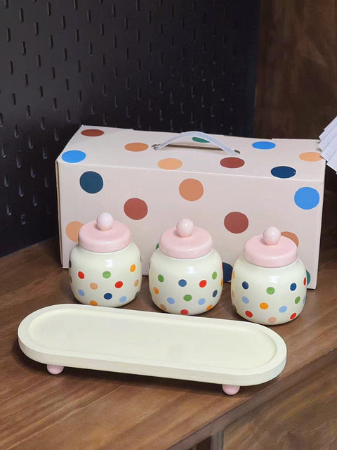 Colorful Polka Dot Ceramic Storage Jars - 280ml - Furnt