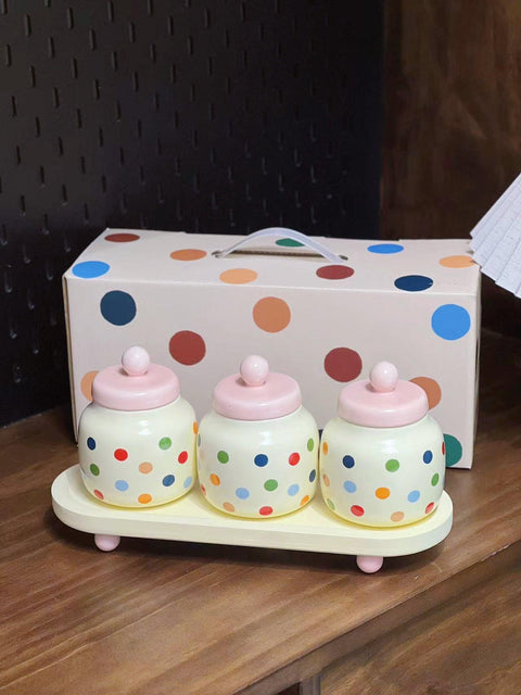 Colorful Polka Dot Ceramic Storage Jars - 280ml - Furnt