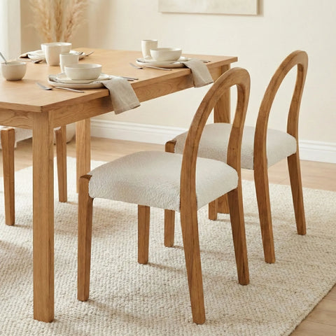 Elena Set of 2 Dining Chairs, Natural Oak Frame | White Boucle Fabric