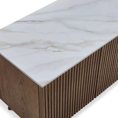 Echo White Marble Effect Ceramic Top & Brown Wooden TV Cabinet