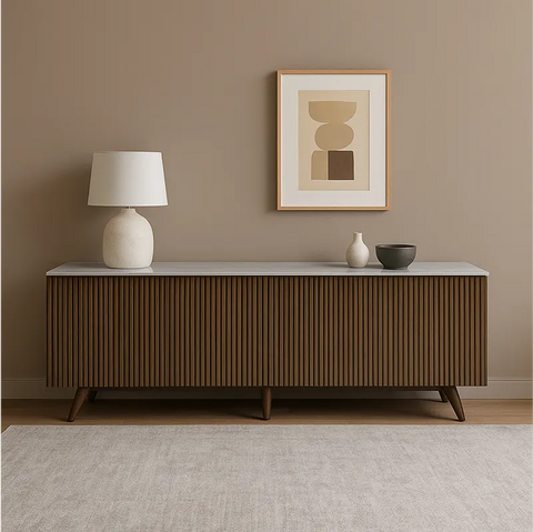 Echo White Marble Effect Ceramic Top & Brown Wooden TV Cabinet