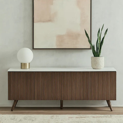 Echo White Marble Effect Ceramic Top & Brown Wooden TV Cabinet