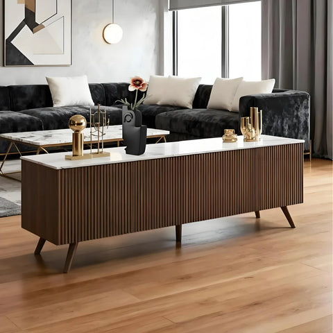 Echo White Marble Effect Ceramic Top & Brown Wooden TV Cabinet