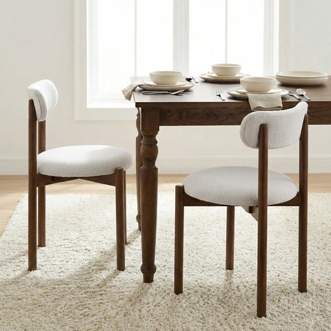 Elmora Set of 2 Light Warm Grey Textured Fabric Dining Chairs with Walnut Effect Solid Wood Frame