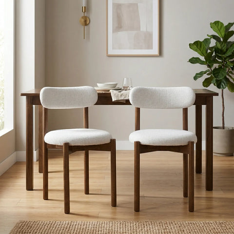 Elmora Set of 2 Dining Chairs, Walnut Effect Solid Wood | Light Warm Grey Textured Basketweave Fabric