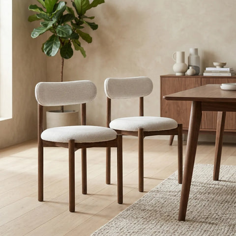 Elmora Set of 2 Dining Chairs, Walnut Effect Solid Wood | Cream Textured Basketweave Fabric Dining Chairs