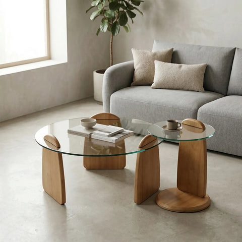 Forma Set of 2 Oak Wooden Coffee Tables with Tampered Glass