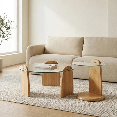 Forma Set of 2 Oak Wooden Coffee Tables with Tampered Glass