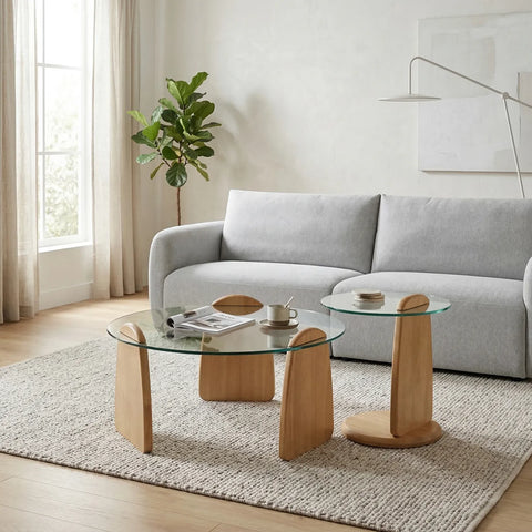 Forma Set of 2 Oak Wooden Coffee Tables with Tampered Glass