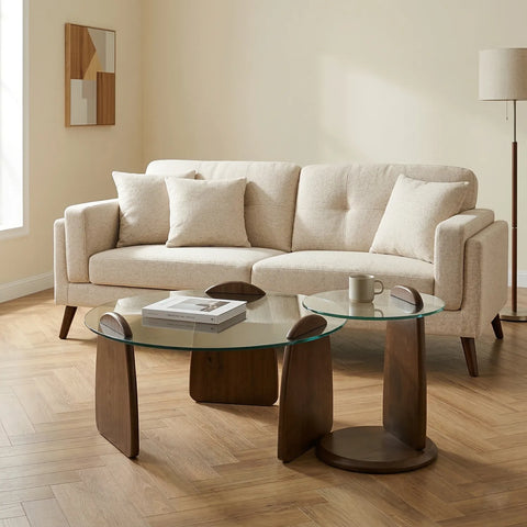 Forma Set of Two Walnut Wooden Coffee Tables with Tampered Glass