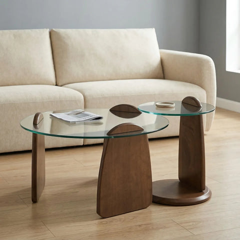 Forma Set of Two Walnut Wooden Coffee Tables with Tampered Glass