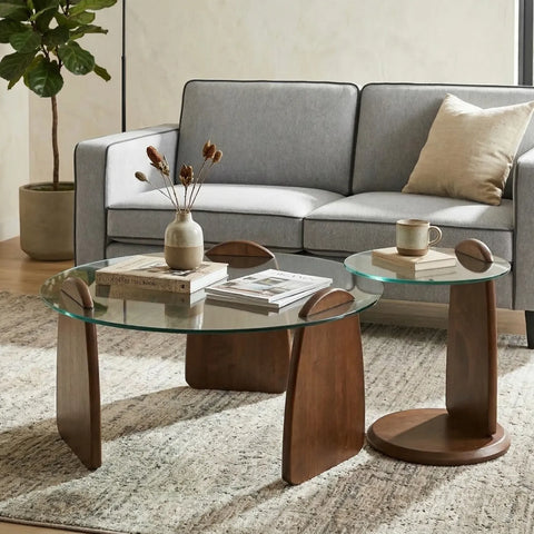 Forma Set of Two Walnut Wooden Coffee Tables with Tampered Glass