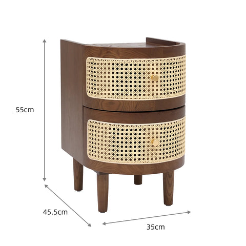 Franco Curved Walnut Rattan Wooden Bedside Cabinet