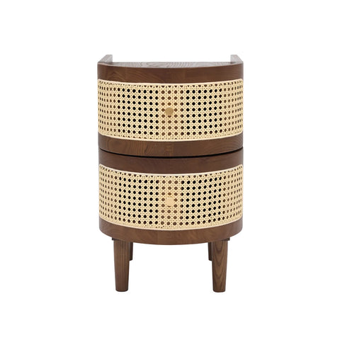 Franco Curved Walnut Rattan Wooden Bedside Cabinet