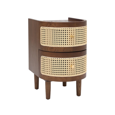 Franco Curved Walnut Rattan Wooden Bedside Cabinet