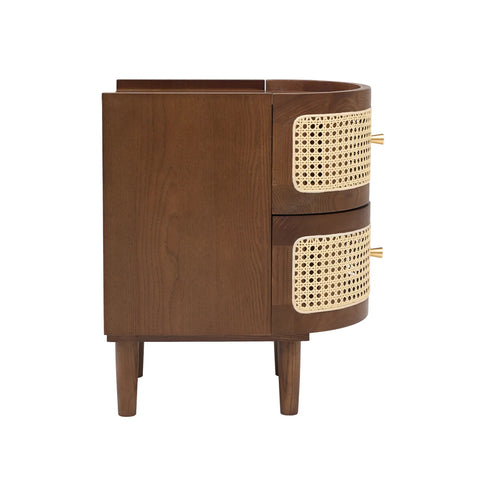 Franco Curved Walnut Rattan Wooden Bedside Cabinet