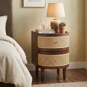 Franco Curved Walnut Rattan Wooden Bedside Cabinet