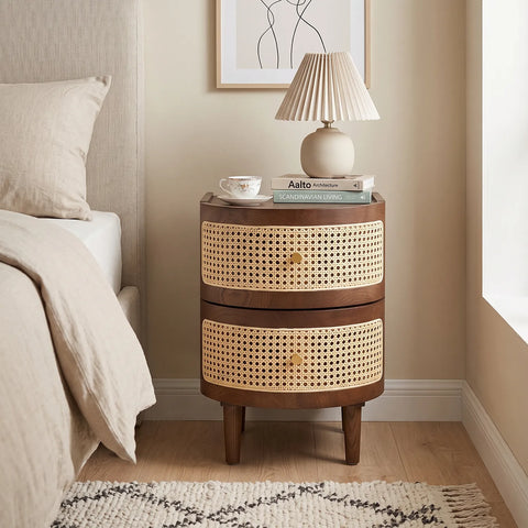 Franco Curved Walnut Rattan Wooden Bedside Cabinet
