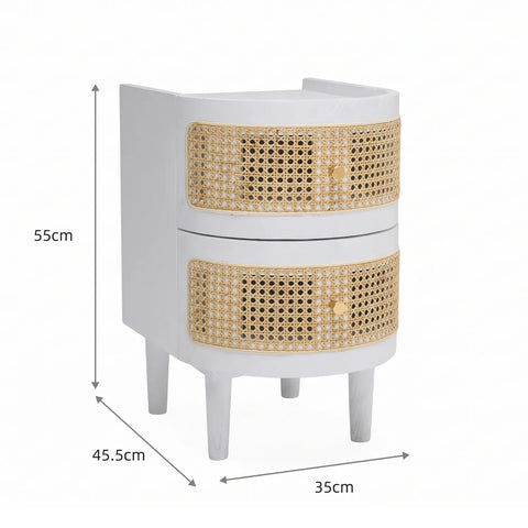 Franco Curved White Rattan Wooden Bedside Cabinet