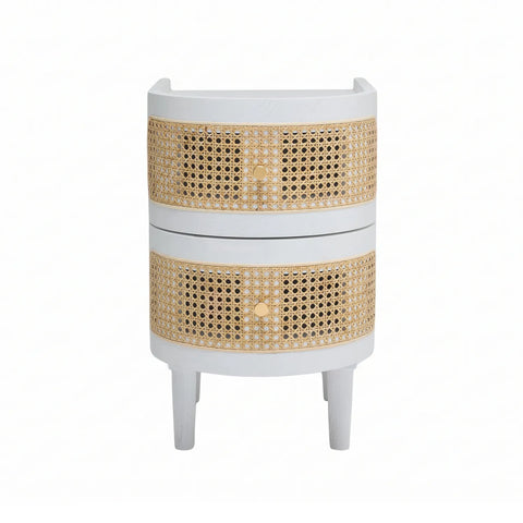 Franco Curved White Rattan Wooden Bedside Cabinet
