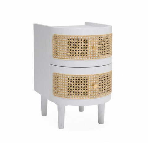 Franco Curved White Rattan Wooden Bedside Cabinet