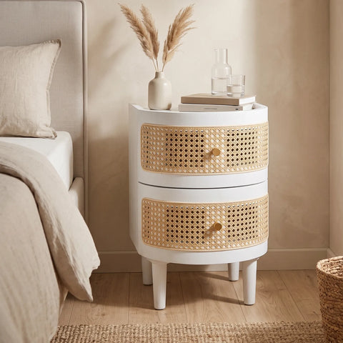 Franco Curved White Rattan Wooden Bedside Cabinet