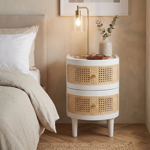 Franco Curved White Rattan Wooden Bedside Cabinet