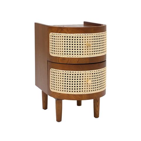 Franco Curved Brown Rattan Wooden Bedside Cabinet