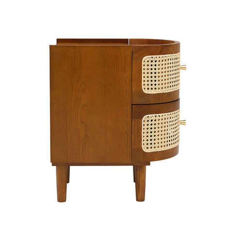 Franco Curved Brown Rattan Wooden Bedside Cabinet
